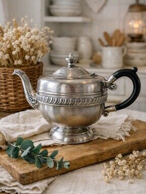 Classic Silver-Plated Teapot with Black Handle - Elegant Home Kitchen Accent